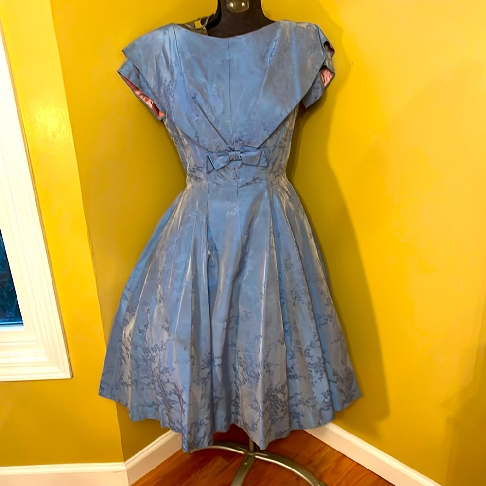 Vintage 1950s 50s Blue Midi Dress with Bow Waist